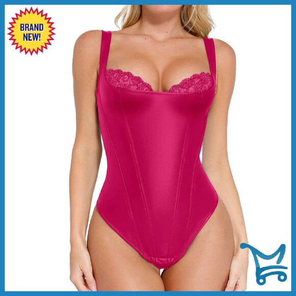 Faux Leather Shapewear Bodysuit Tummy Control Corset Top Lace Underwire